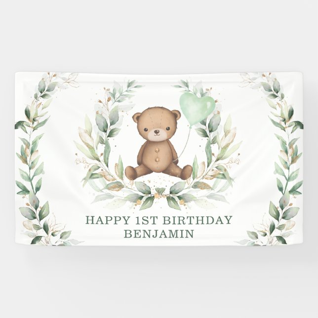 Greenery Teddy Bear Yellow Ballon Happy Birthday Banner (Horizontal)