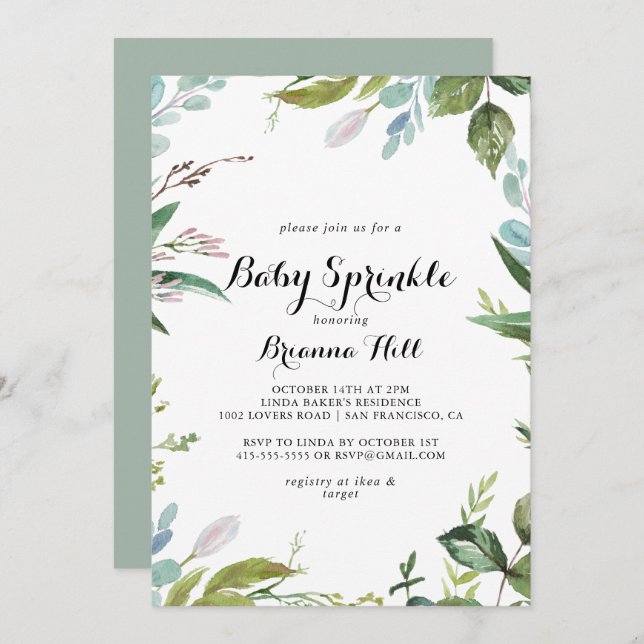 Greenery Tropical Modern Calligraphy Baby Sprinkle Einladung (Vorne/Hinten)