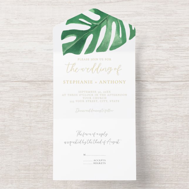 Greenery Tropical Monstera Blätter Summer Wedding All-in-One-Einladung (Innenseite)