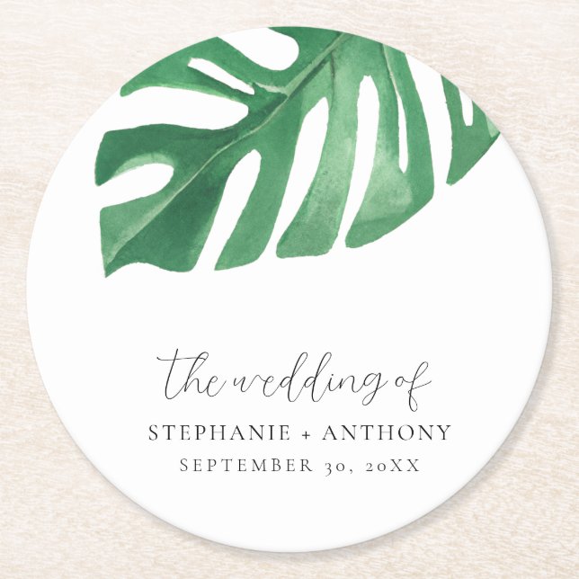 Greenery Tropical Monstera Blätter Summer Wedding Runder Pappuntersetzer (Vorderseite)