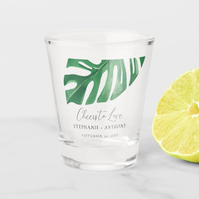 Greenery Tropical Monstera Blätter Summer Wedding Schnapsglas (Vorderseite)
