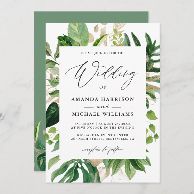 Greenery Tropical Palm Blätter Summer Wedding Einladung (Vorne/Hinten)