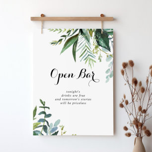 Greenery Tropical Wedding Open Bar Sign Poster