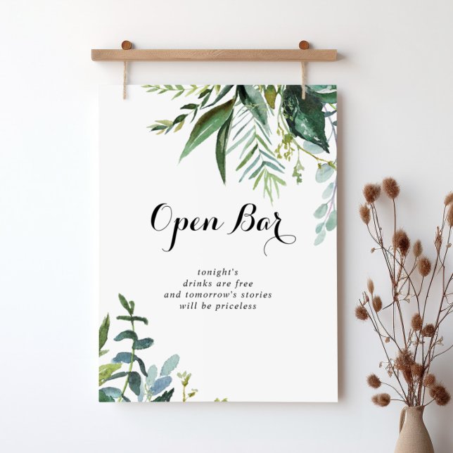 Greenery Tropical Wedding Open Bar Sign Poster (Von Creator hochgeladen)