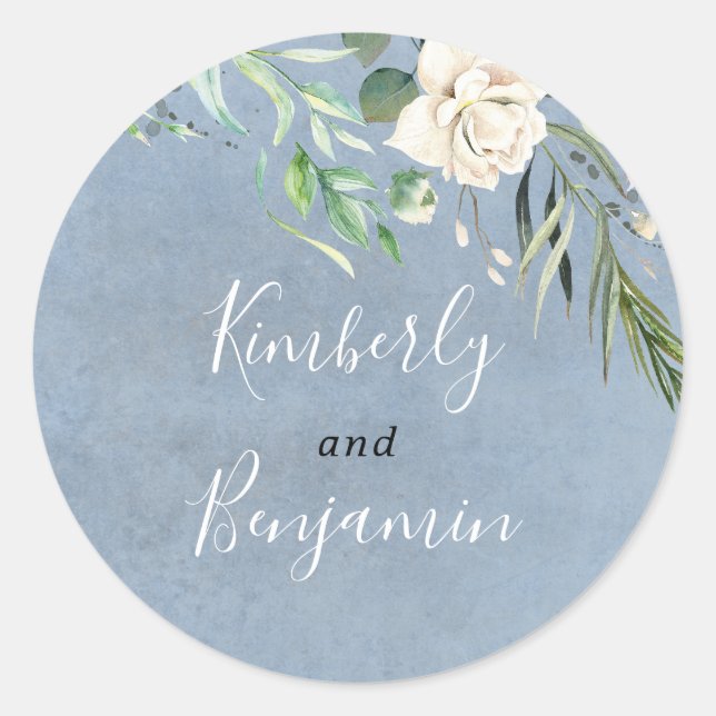 Greenery und Dusty Blue Elegant Wedding Runder Aufkleber (Vorderseite)