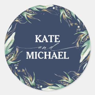 Greenery und Gold Blätter Wreath Navy Blue Wedding Runder Aufkleber
