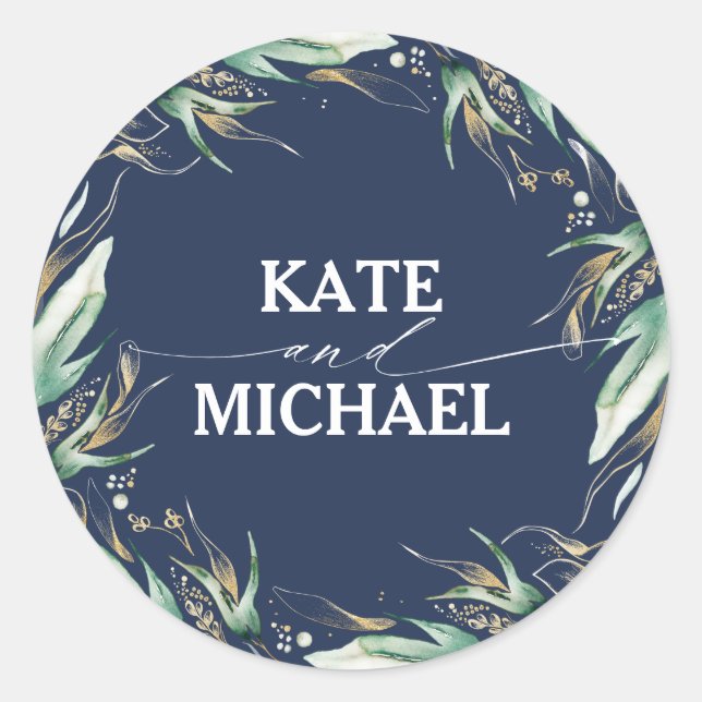 Greenery und Gold Blätter Wreath Navy Blue Wedding Runder Aufkleber (Vorderseite)
