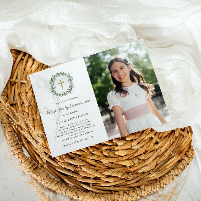 Greenery und Gold Cross Foto Erste Heilige Kommuni Einladung (Von Creator hochgeladen)