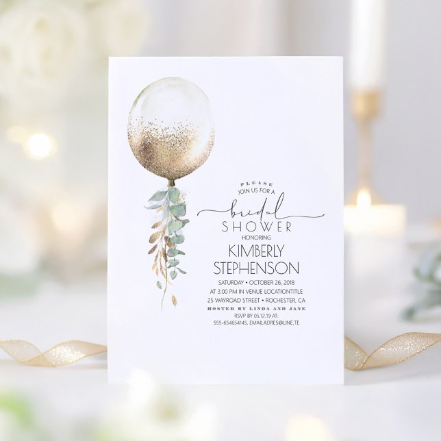 Greenery und Gold Glitzer Balloon Brautparty Einladung (Elegant Gold and Green Bridal Shower Invitations)