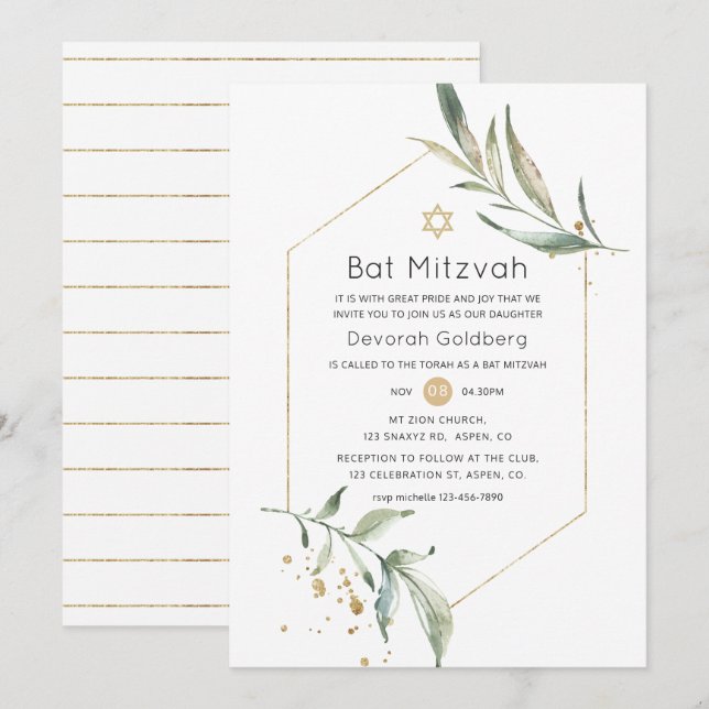 Greenery und Gold Glitzer Geometric Bat Mitzvah Einladung (Vorne/Hinten)
