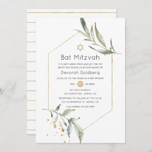 Greenery und Gold Glitzer Geometric Bat Mitzvah Einladung