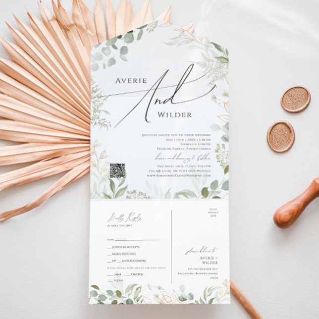 Greenery und Gold Lässig QR Code Siegel und senden All In One Einladung (Von Creator hochgeladen)