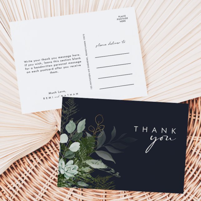 Greenery und Gold Leaf Script Dark Navy Vielen Dan Postkarte (Von Creator hochgeladen)