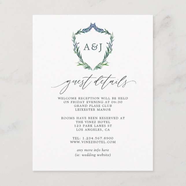 Greenery Wappen Monogram Wedding Guest Details Begleitkarte (Vorderseite)