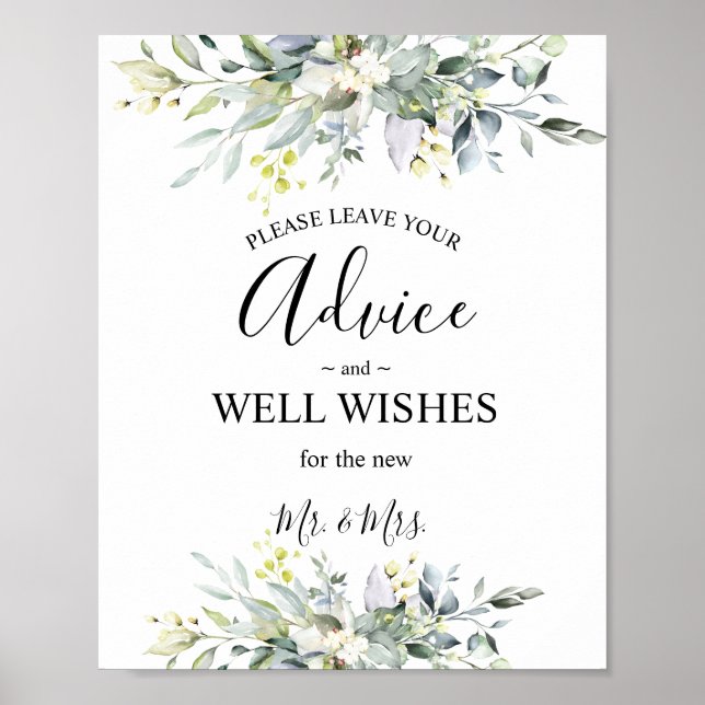 Greenery Watercolor Advice & Wishings Wedding Poster (Vorne)