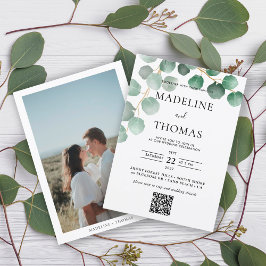 Greenery Watercolor Blätter Foto Qr Code Hochzeit Einladung