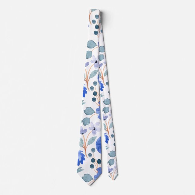 Greenery Watercolor Blue Floral Patten Krawatte (Vorderseite)