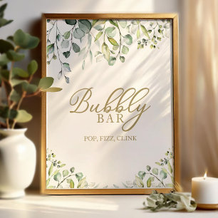 Greenery Watercolor Bubbly Bar Pop Fizz Clink Sign Poster