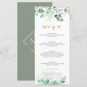 Greenery Watercolor Eucalyptus Gold Hochzeitsessen Menükarte