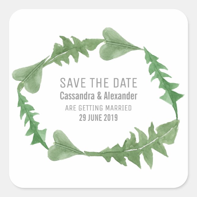 Greenery Watercolor Foliage Save the Date Quadratischer Aufkleber (Vorderseite)