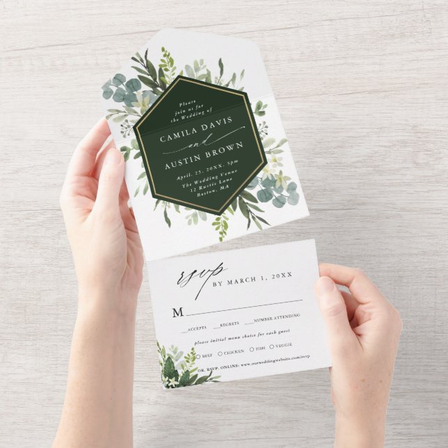 Greenery Watercolor Gold Hexagon Wedding All In One Einladung (Abreißen)