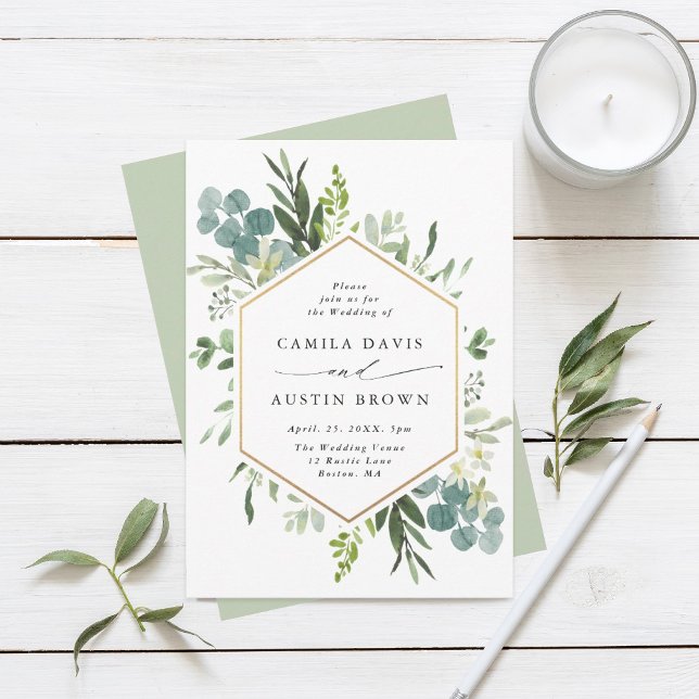 Greenery Watercolor Gold Hexagon Wedding Einladung (Von Creator hochgeladen)