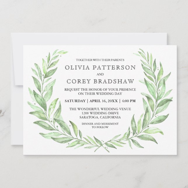 Greenery Watercolor Laurel Wreath Wedding Einladung (Vorderseite)