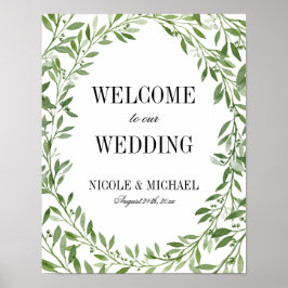 Greenery Watercolor Leaf Wreath Wedding Willkommen Poster