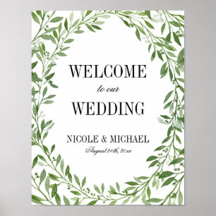 Greenery Watercolor Leaf Wreath Wedding Willkommen Poster