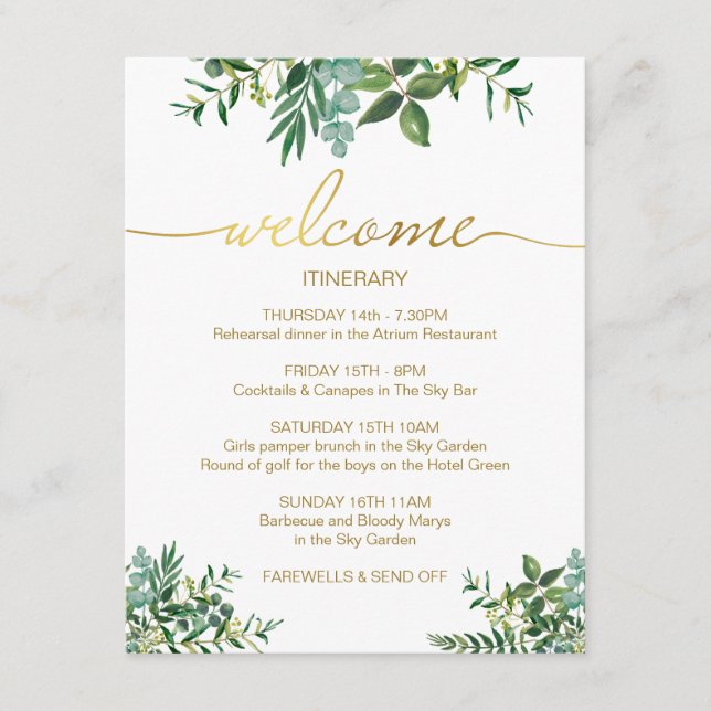 Greenery Watercolor Wedding Itinerary Gold Script Begleitkarte (Vorderseite)
