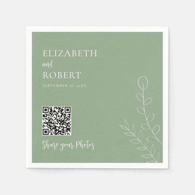 Greenery Wedding QR Share Your Photos Sage Green Serviette (Vorderseite)