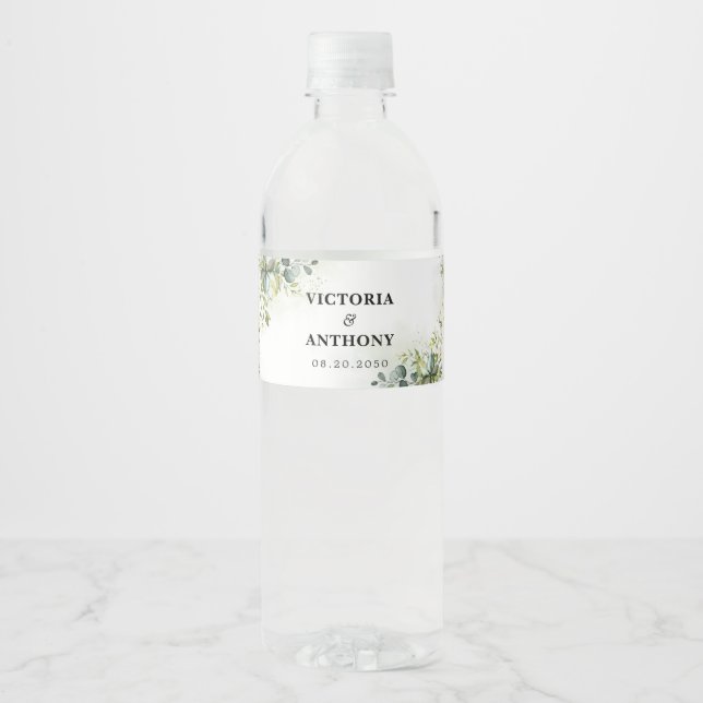 Greenery Wedding Water Bottle Labels Wasserflaschenetikett (Vorderseite)