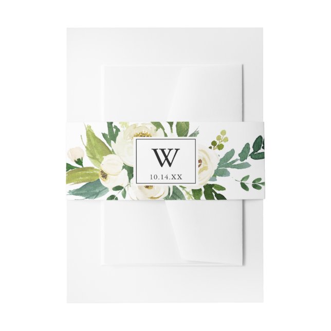 Greenery White Autumn Floral Monogram Wedding Einladungsbanderole (Vorderseite Beispiel)