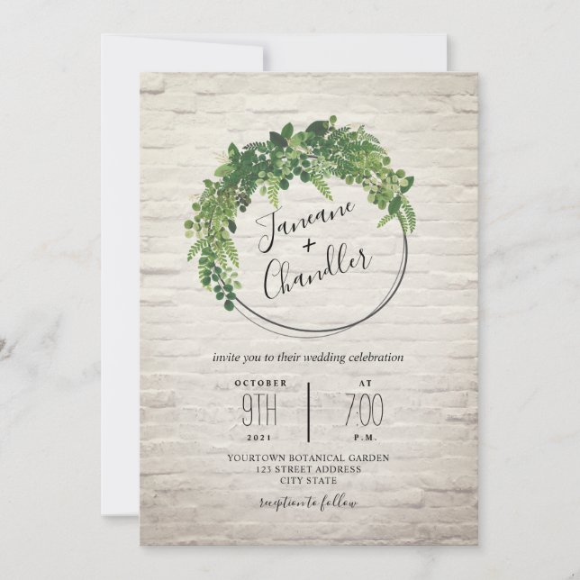 Greenery White Brick Circle Wedding Einladung (Vorderseite)