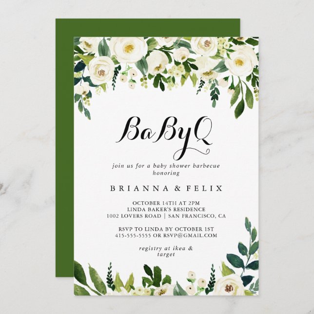 Greenery White Floral BabyQ Baby Duschgrill Einladung (Vorne/Hinten)