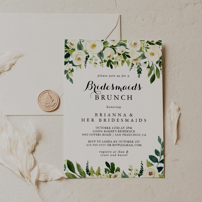 Greenery White Floral Bridesmaids Brunch Dusche Einladung (Von Creator hochgeladen)