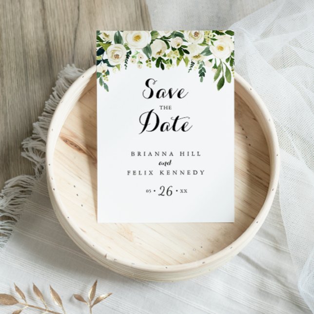 Greenery White Floral Calligraphy Save the Date Postkarte (Von Creator hochgeladen)