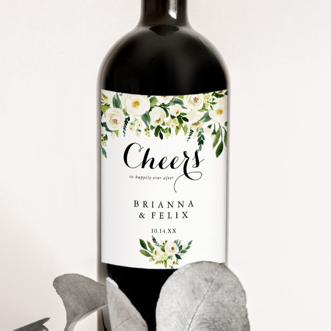 Greenery White Floral Cheers Wedding Wine Labels Weinetikett (Von Creator hochgeladen)
