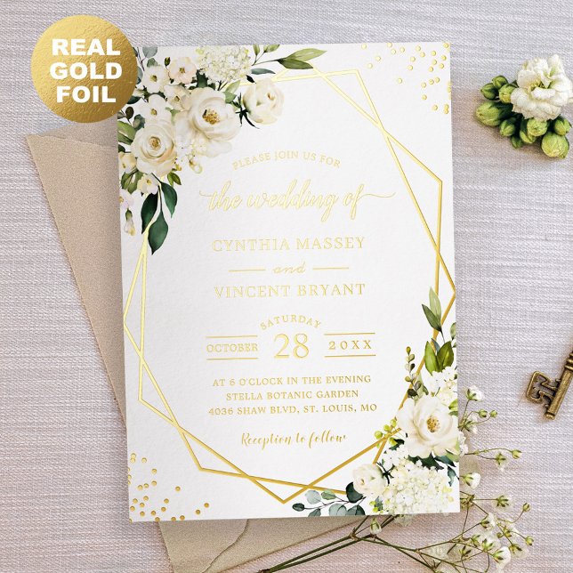 Greenery White Floral Geometric Wedding Real Gold Folieneinladung (Von Creator hochgeladen)