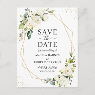 Greenery White Floral Gold Geometric Save the Date Postkarte