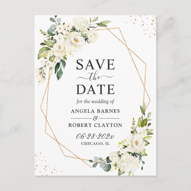 Greenery White Floral Gold Geometric Save the Date Postkarte (Vorderseite)