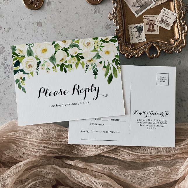 Greenery White Floral Menu UAWG Postkarte (Von Creator hochgeladen)