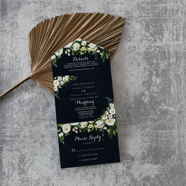 Greenery White Floral Royal Blue Wedding All In One Einladung (Von Creator hochgeladen)
