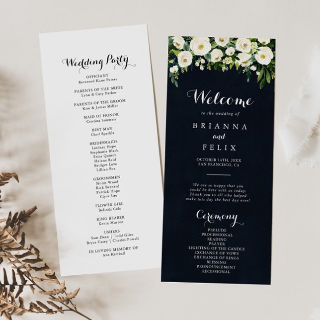 Greenery White Floral Royal Blue Wedding Programm (Von Creator hochgeladen)