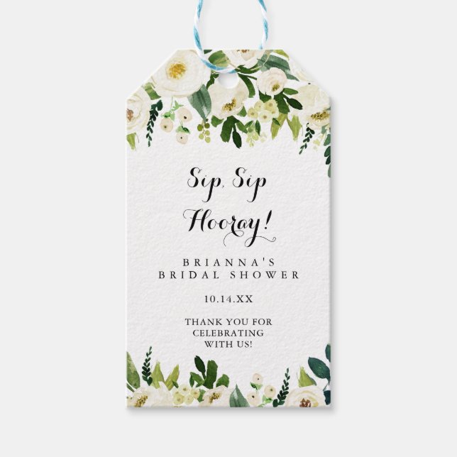 Greenery White Floral Sip Sip Hooray Brautparty Geschenkanhänger (Vorderseite)