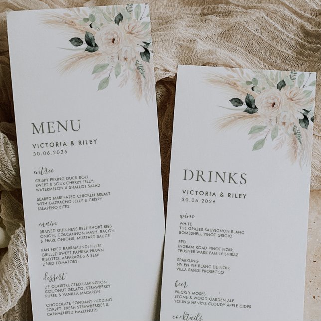 Greenery White Floral Wedding Menu VICTORIA Menükarte (VICTORIA SUITE | Double Sided Menu / Drinks Menu | Matching items available)
