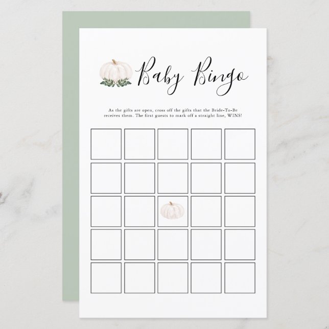 Greenery White Pumpkin Baby Shower Bingo Game (Vorne/Hinten)
