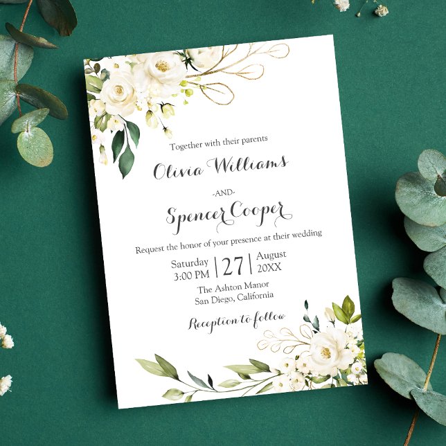 Greenery White Rose Blumengold Blätter Hochzeit Einladung (Floral Wedding Invitation)