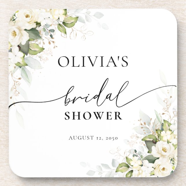 Greenery White Roses Brautparty Untersetzer (Vorderseite)