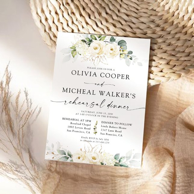 Greenery White Roses Probe Dinner Einladung (Von Creator hochgeladen)